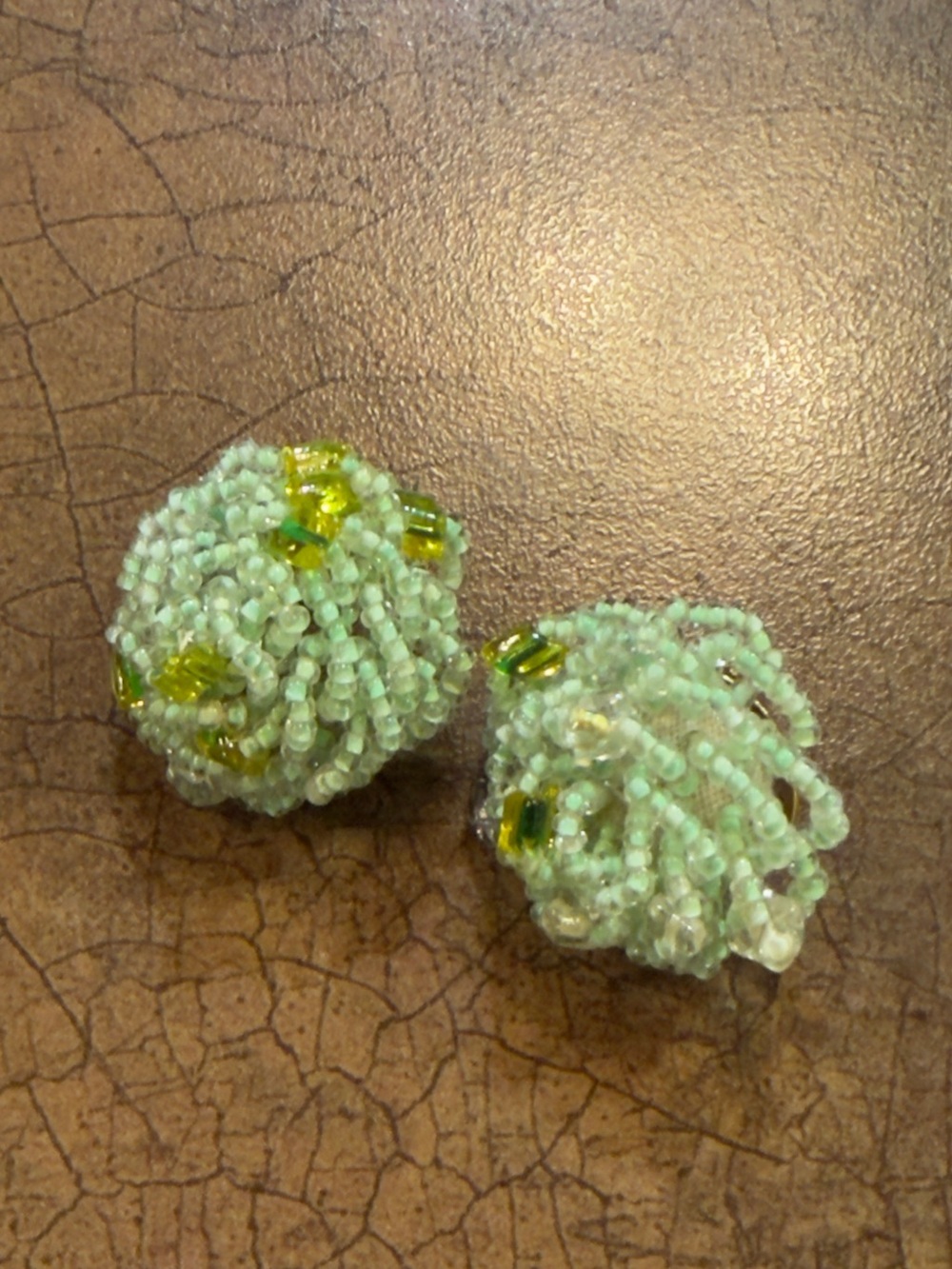 Mint Green Beaded Clip-On Earrings with Yellow Accent